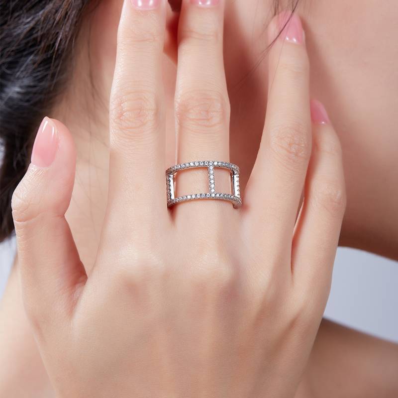 I-shaped guard ring S925 silver plated platinum, moissanite diamond, and cherry stone